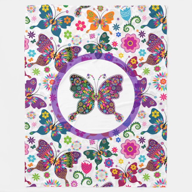 Colourful Butterflies & Flowers Pattern Fleece Blanket (Front)