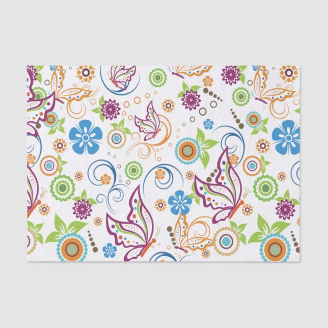 Colourful Butterflies & Flowers Pattern Monogramed Tissue Paper (Front)