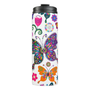Colourful Butterflies & Flowers Pattern Thermal Tumbler