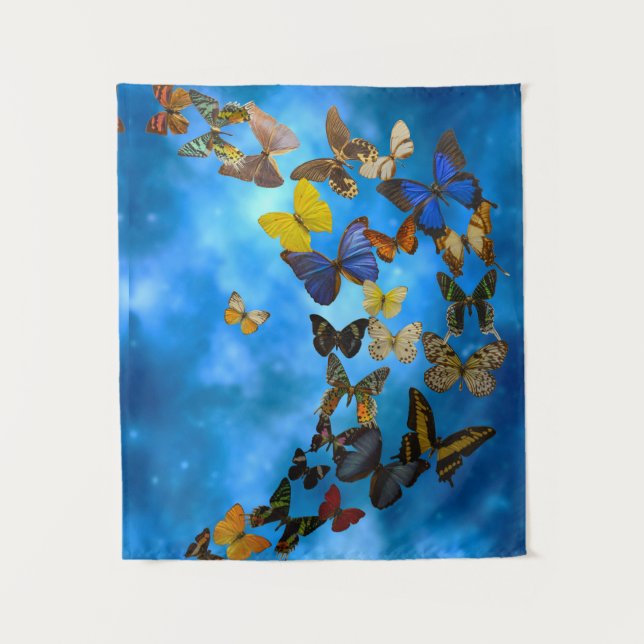 Colourful Butterflies Flying over Blue Clouds Tapestry (Front)
