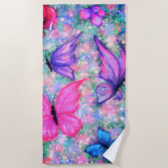 Colourful Butterflies Flying - Spring - Drawing Beach Towel (Front)
