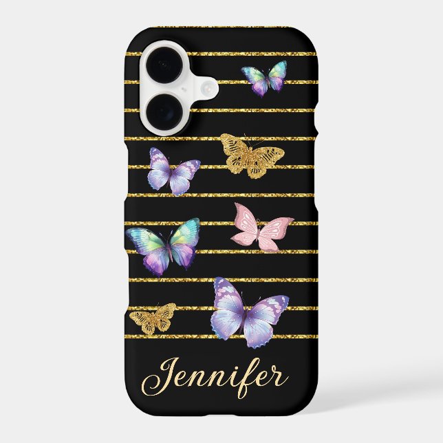 colourful butterflies gold lines personalised blac (Back)