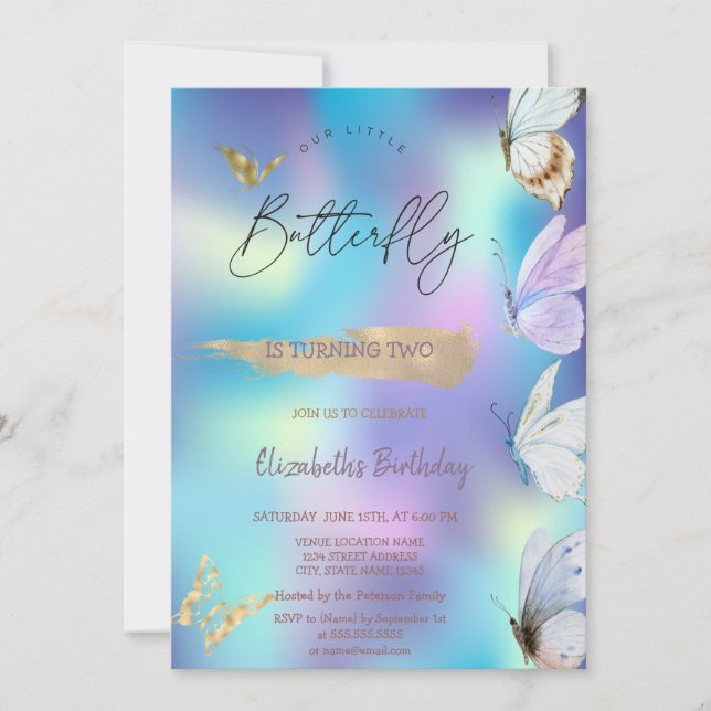 Colourful Butterflies Holographic Birthday  Invitation (Front)