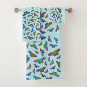 Colourful butterflies on baby blue - customisable bath towel set