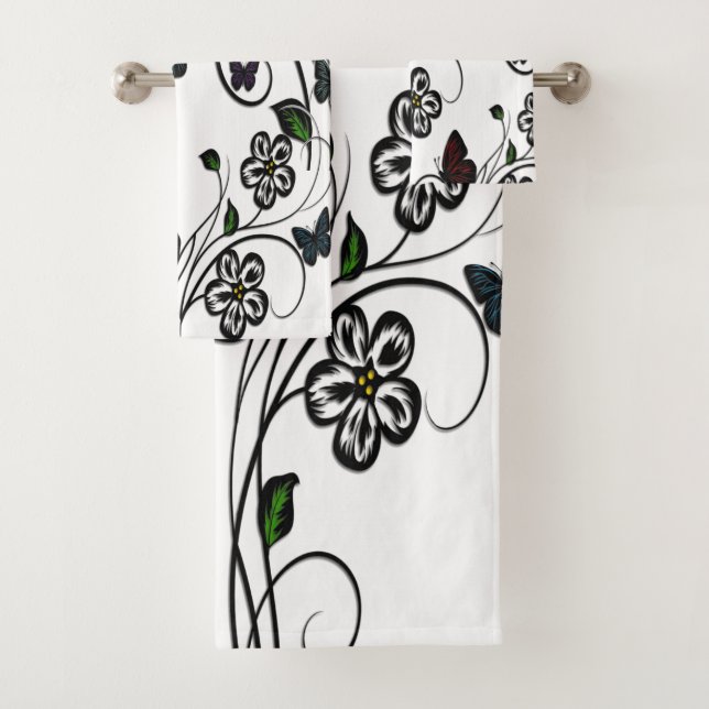 Colourful Butterflies on White Flowers Bath Towel Set (Insitu)