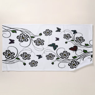 Colourful Butterflies on White Flowers Beach Towel