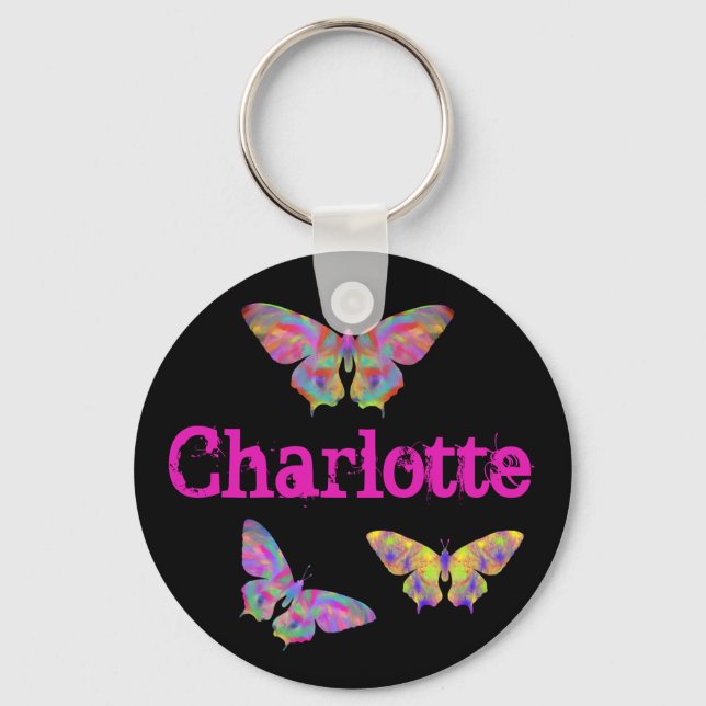 Colourful butterflies pattern add name key ring (Front)