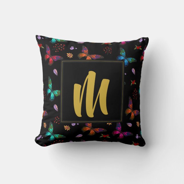 Colourful Butterflies Pattern on Black Monogram Cushion (Front)