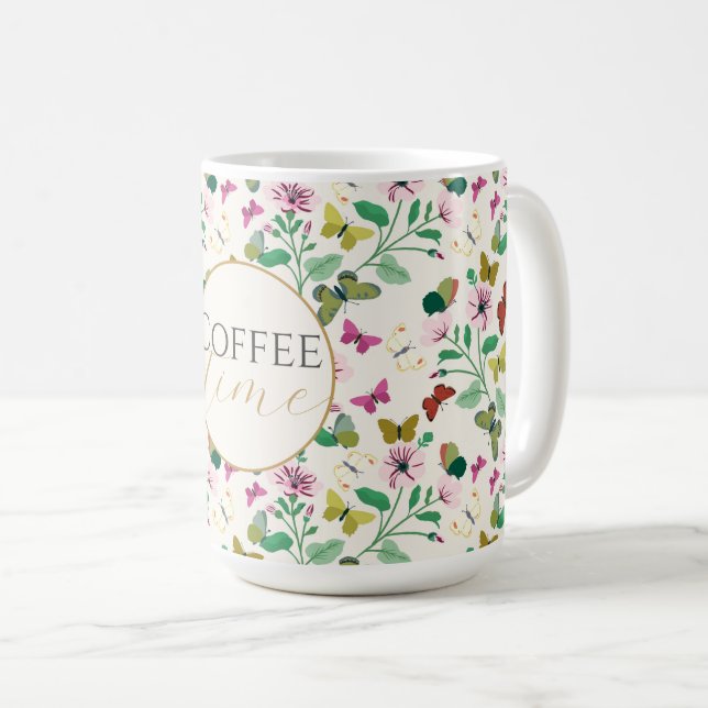 Colourful Butterflies Pink Flowers Cream Botanical Coffee Mug (Front Right)
