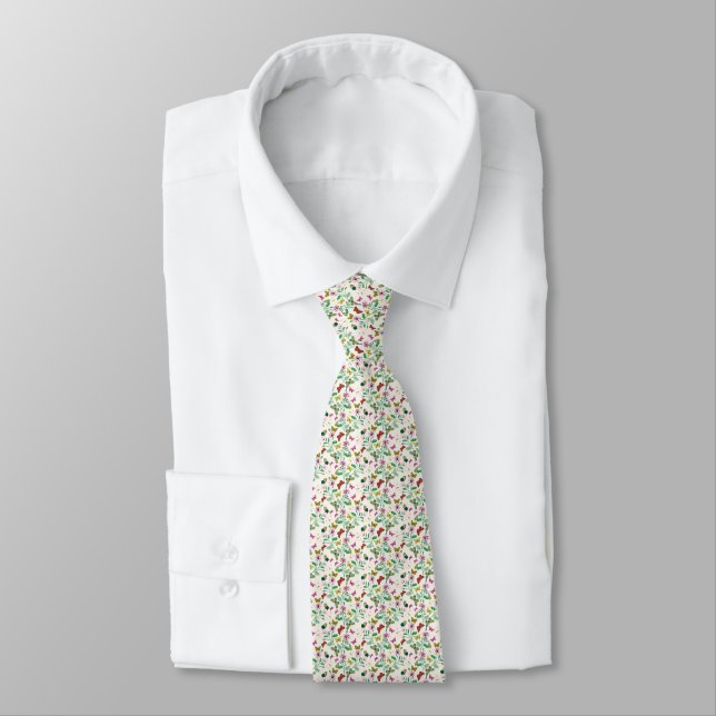 Colourful Butterflies Pink Flowers Cream Botanical Tie (Tied)