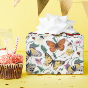 Colourful Butterflies Pink Flowers & Green Leaves Wrapping Paper