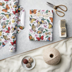 Colourful Butterflies Pink Flowers & Green Leaves Wrapping Paper