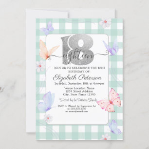 Colourful Butterflies Plaid 18th Birthday Invitation