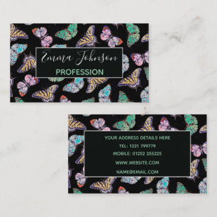 Colourful Butterflies Watercolor Painting Black Business Card