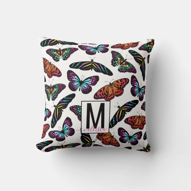 Colourful Butterflies Watercolor Pattern Monogram Cushion (Front)