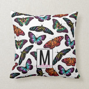 Colourful Butterflies Watercolor Pattern Monogram Cushion