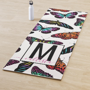 Colourful Butterflies Watercolor Pattern Monogram Yoga Mat