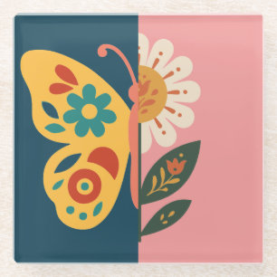 Colourful butterfly and flower Design Glass Coaster
