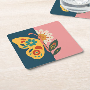 Colourful butterfly and flower Design Square Paper Coaster
