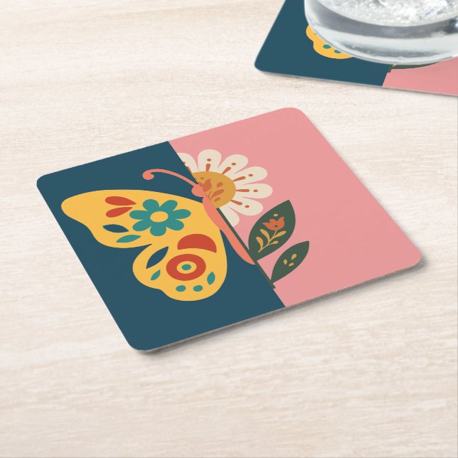 Colourful butterfly and flower Design Square Paper Coaster (Angled)