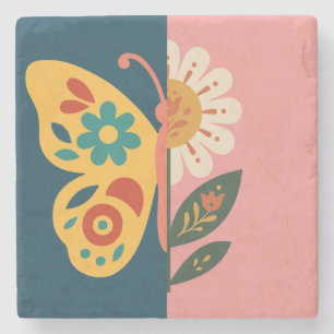 Colourful butterfly and flower Design Stone Coaster