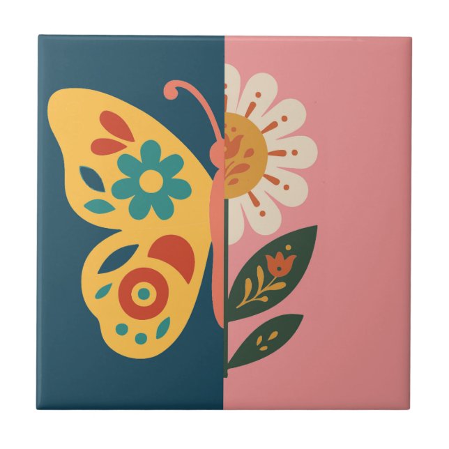 Colourful butterfly and flower Design Tile (Front)