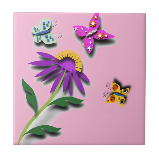 Colourful Butterfly and Flower Tile (Front)