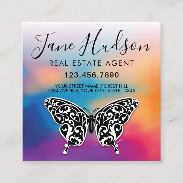 Colourful Butterfly and Heart Speckles Design Square Business Card (Front)
