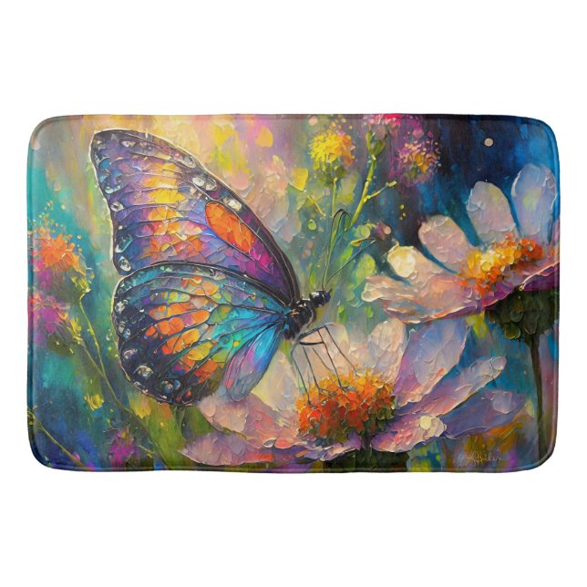 Colourful Butterfly and Wildflowers at Sunrise Bath Mat (Front)