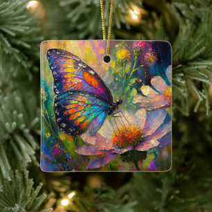 Colourful Butterfly and Wildflowers at Sunrise Ceramic Ornament
