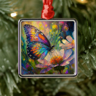 Colourful Butterfly and Wildflowers at Sunrise Metal Tree Decoration