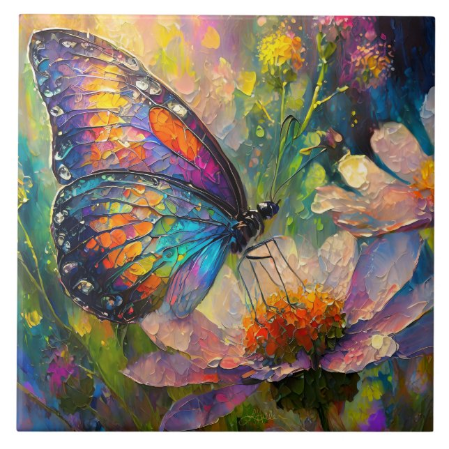 Colourful Butterfly and Wildflowers at Sunrise Tile (Front)