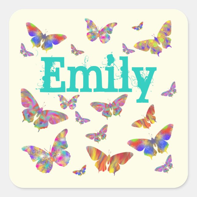 Colourful Butterfly Art Emily Add Name Girls Artsy Square Sticker (Front)