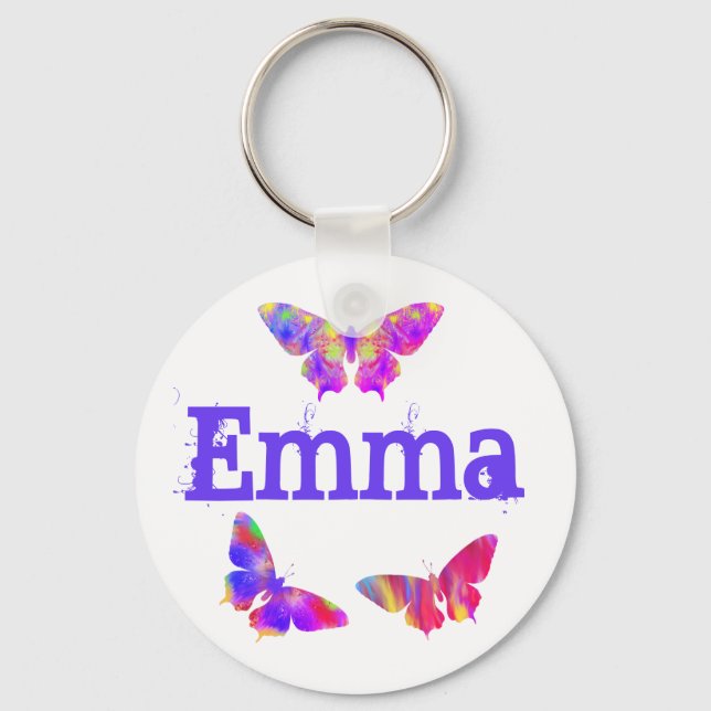 Colourful Butterfly Art Pattern Emma Add Name Key Ring (Front)