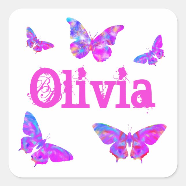Colourful Butterfly Art Pink Add Name Olivia Square Sticker (Front)