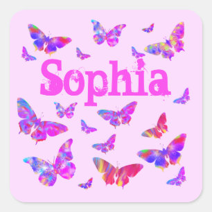 Colourful Butterfly Art Pink Sophia Add Name Girls Square Sticker