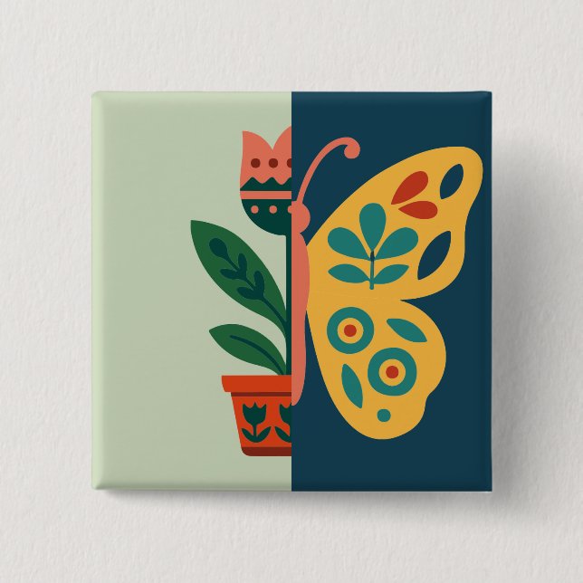 Colourful butterfly decoration with floral element 15 cm square badge (Front)