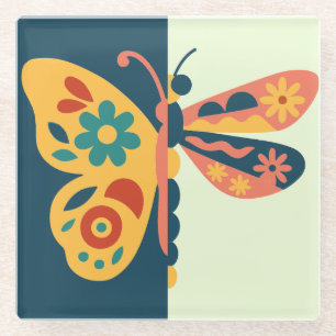 Colourful butterfly decoration with floral element glass coaster