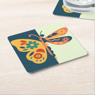 Colourful butterfly decoration with floral element square paper coaster