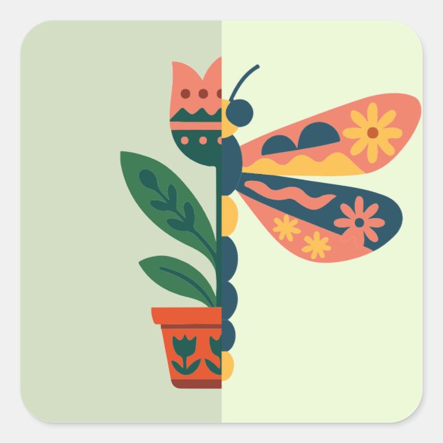 Colourful butterfly decoration with floral element square sticker (Front)