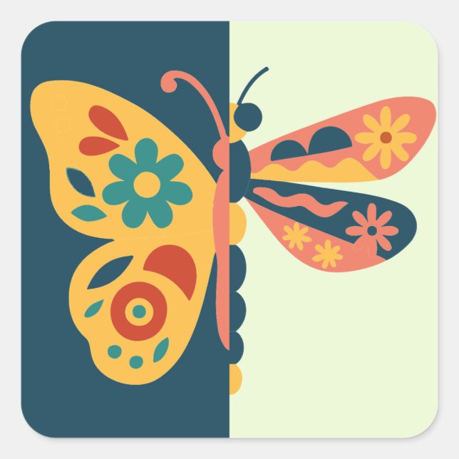 Colourful butterfly decoration with floral element square sticker (Front)