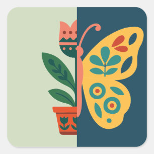 Colourful butterfly decoration with floral element square sticker
