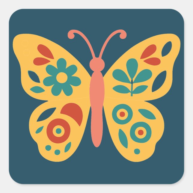Colourful butterfly decoration with floral element square sticker (Front)