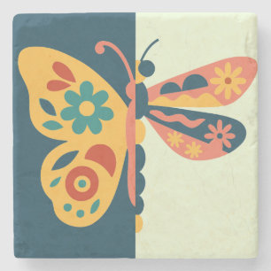 Colourful butterfly decoration with floral element stone coaster