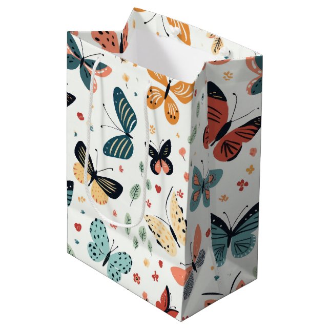 Colourful Butterfly, Flowers and Leaves Pattern Medium Gift Bag (Front Angled)