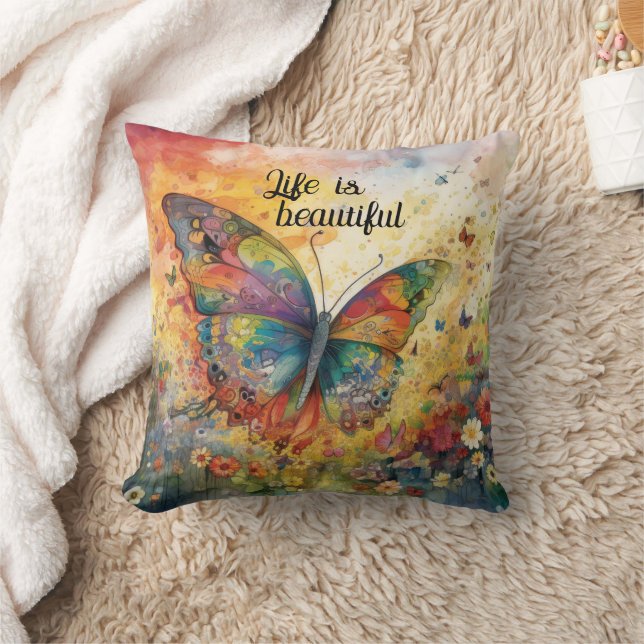 Colourful Butterfly Flowers Inspirational Quote Cushion (Blanket)
