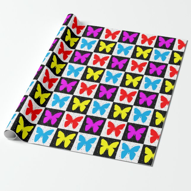 Colourful Butterfly Geometric Block Print Wrapping Paper (Unrolled)