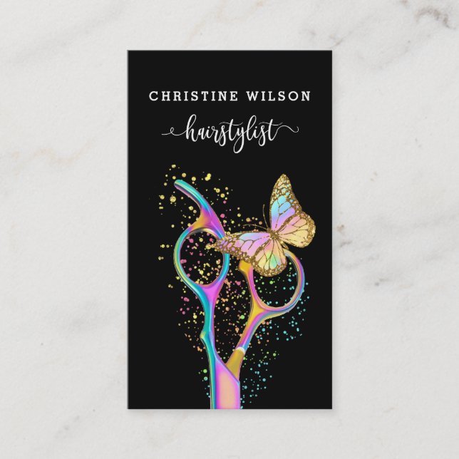 colourful butterfly hairdresser scissors business card (Front)