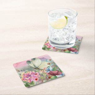 Colourful Butterfly Kisses Among Wildflowers Square Paper Coaster
