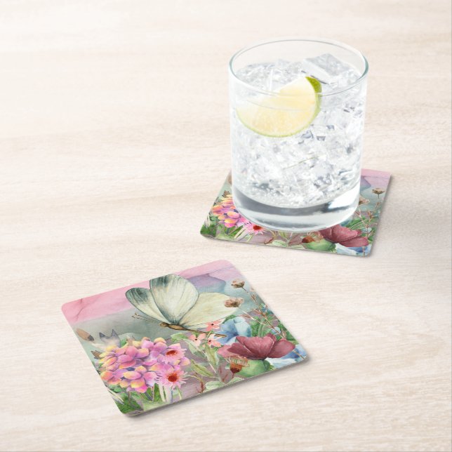 Colourful Butterfly Kisses Among Wildflowers Square Paper Coaster (Insitu)